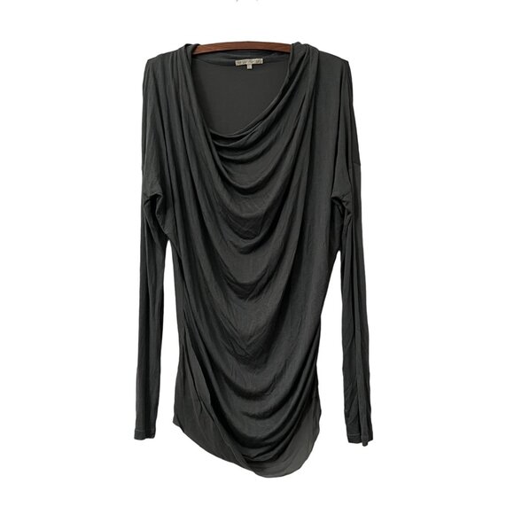 Gold Hawk Gray Bamboo Silk Draped Front Long Sleeve Tunic Blouse Size Large - Picture 1 of 5
